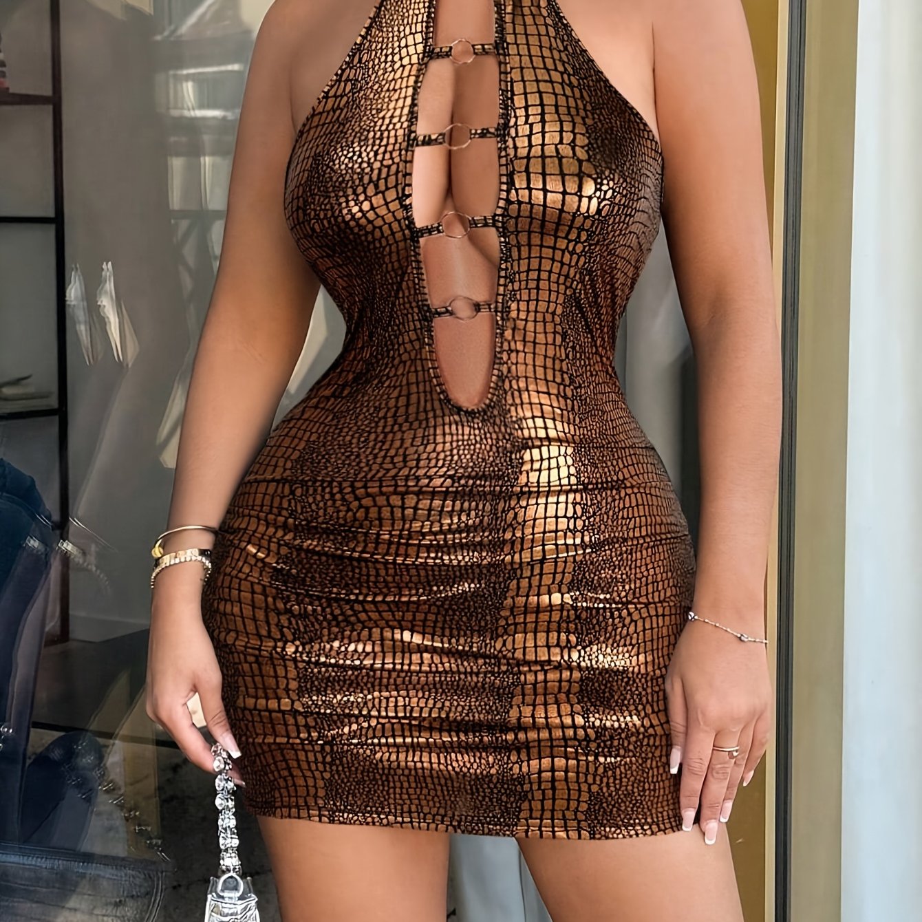 Sexy Bodycon Mini Dress - Hollow-Out, Halter Neck, Ideal for Night Out or Party Wear