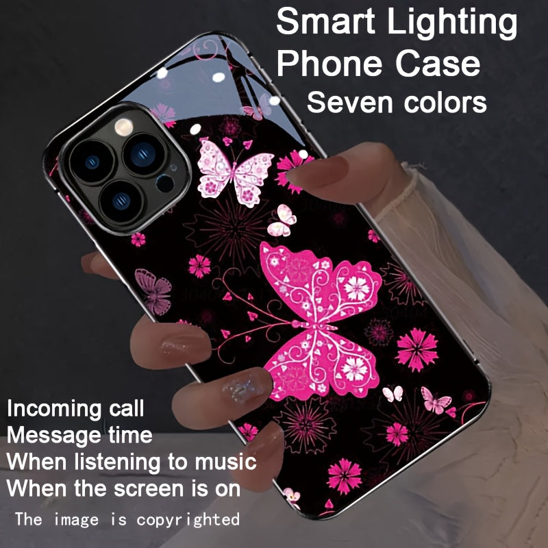 Butterfly Dancing with Flowers Colorful Smart Voice Controlled Luminous Phone Case Suitable for 16promax/15promax/14promax/13promax/12promax/11promax/XSmax/7G Smart Luminous Voice Controlled Phone Case - Luminous Technology,
