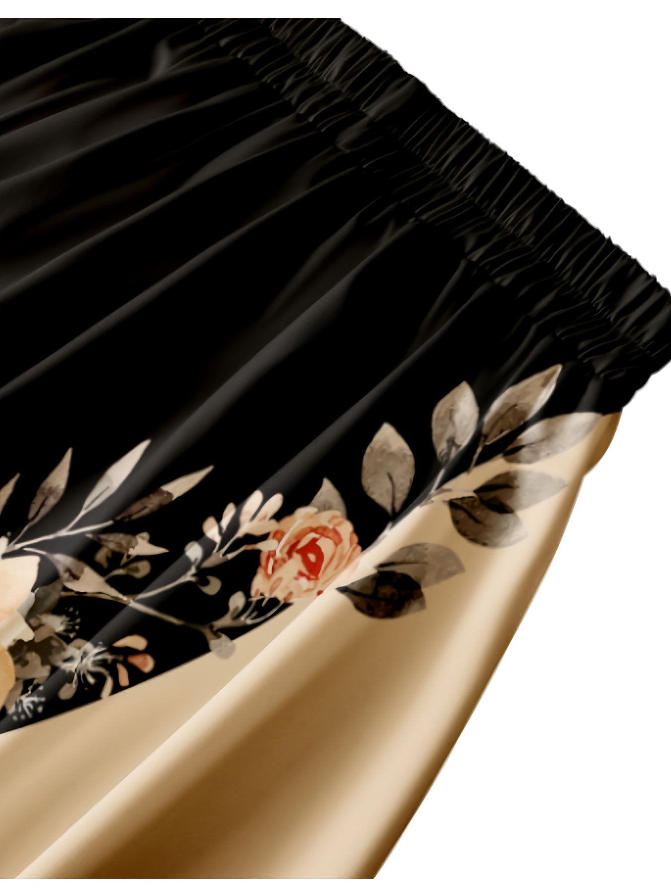 Print Midi Skirt with Elastic Waistband - Black & Beige Floral Pattern, Machine Washable, All-Season Versatile Women's Skirt for Casual & Formal Outfits, Casual Wear Skirt | Floral Print Midi Skirt | Structured Pleats