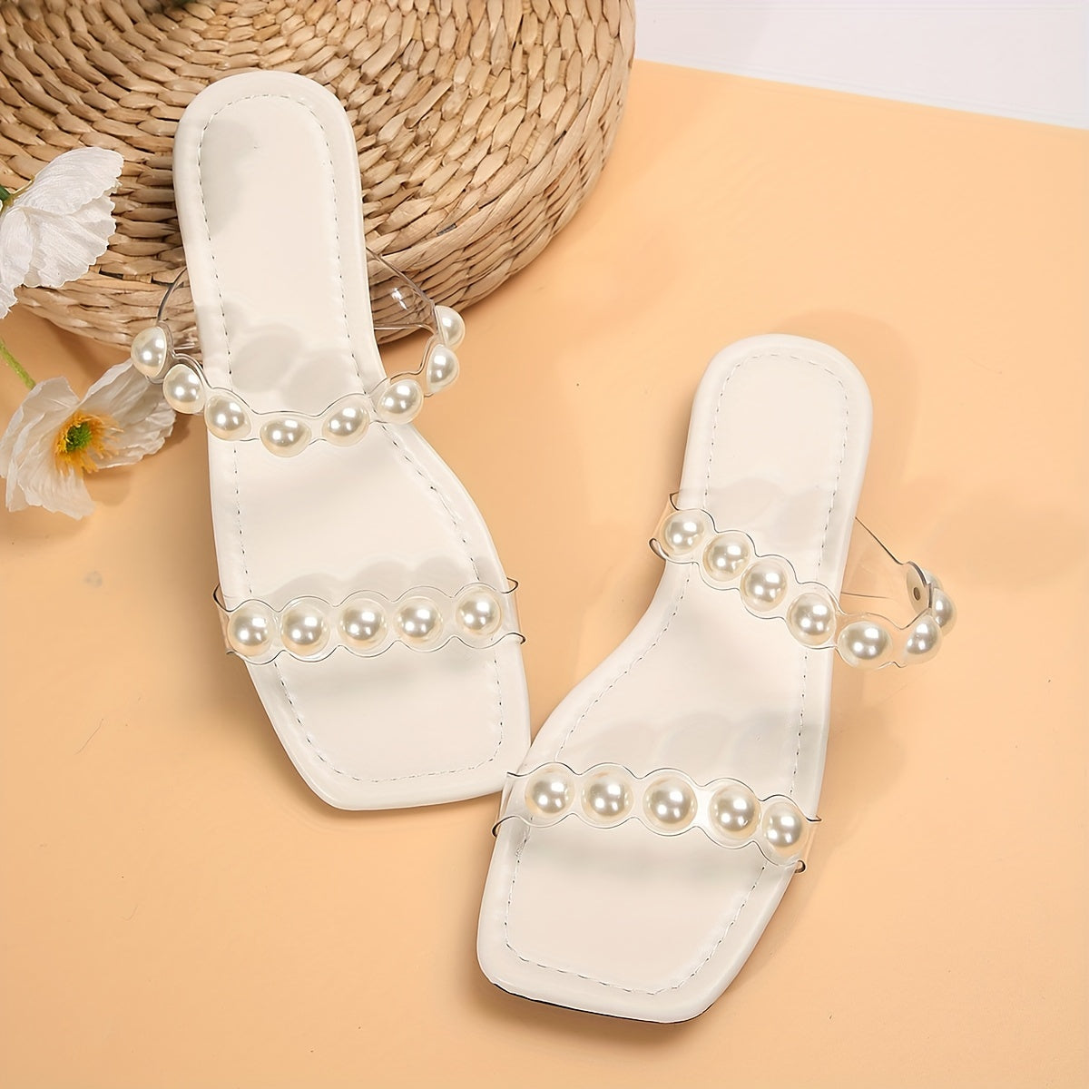 Women's Solid Color Elegant Slides, PVC Slip On Lightweight Flat Faux Pearl Decor Slides, Summer Holiday Beach Slides
