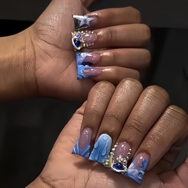 96pcs Press-On Nails Set, Blue & Pink, Duckbill Shape, Medium Length, with Jelly Glue & Nail File, Floral & Rhinestone Designs, Glossy Finish, Perfect for Girls & Women Gift
