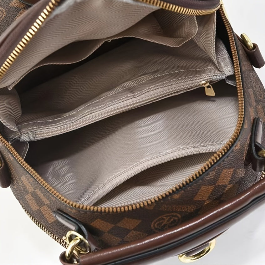 Luxury Checkered Backpack with Golden Accents - Perfect for Casual Outings