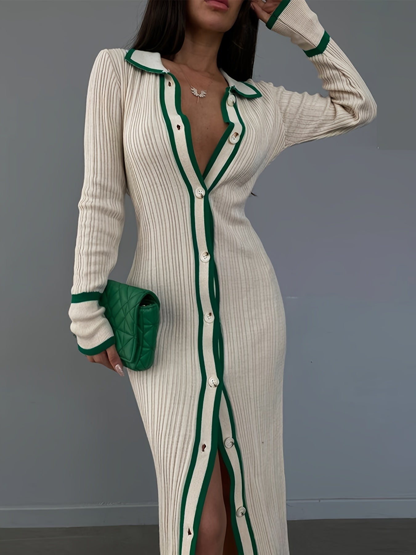 Stylish Contrast Trim Button Front Cardigan - Elegant Long Sleeve, Slim-Fit, Collar Detail, Versatile Dress for Spring & Fall Seasons, Women's Clothing for Everyday Wear