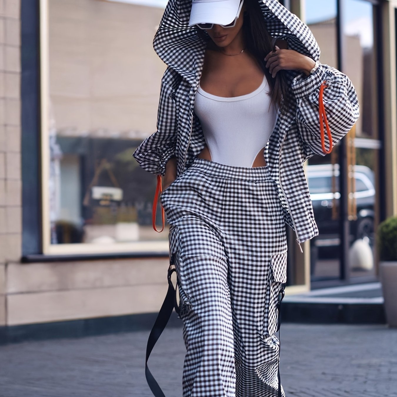 Women'S Casual Gingham Pantsuit with Lapel Collar and Zipper Details, 100% Polyester Woven Fabric, for Fall/Winter