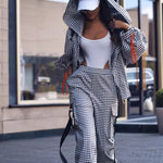 Women'S Casual Gingham Pantsuit with Lapel Collar and Zipper Details, 100% Polyester Woven Fabric, for Fall/Winter
