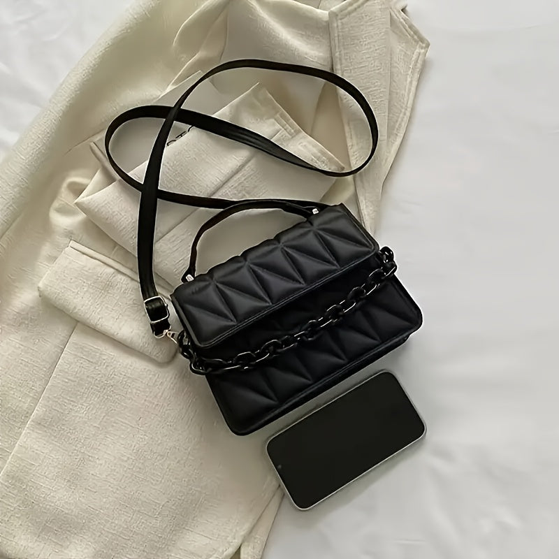 Fashionable Mini Embossed Crossbody Bag for Women - Stylish Pure Black Shoulder Bag with Magnetic Closure.