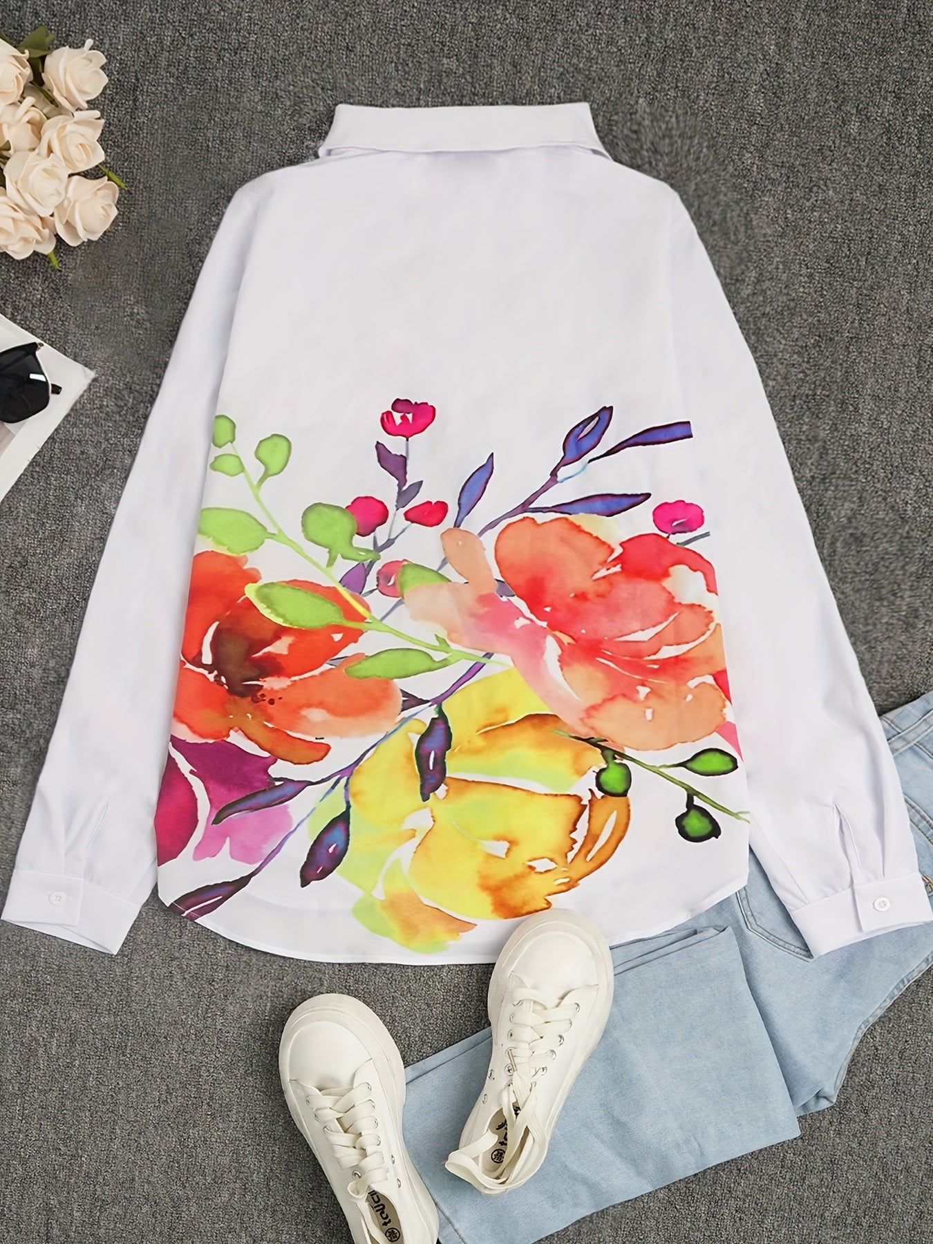New Women'S Casual Ink Painting Printed Button-Up Long Sleeve Shirt