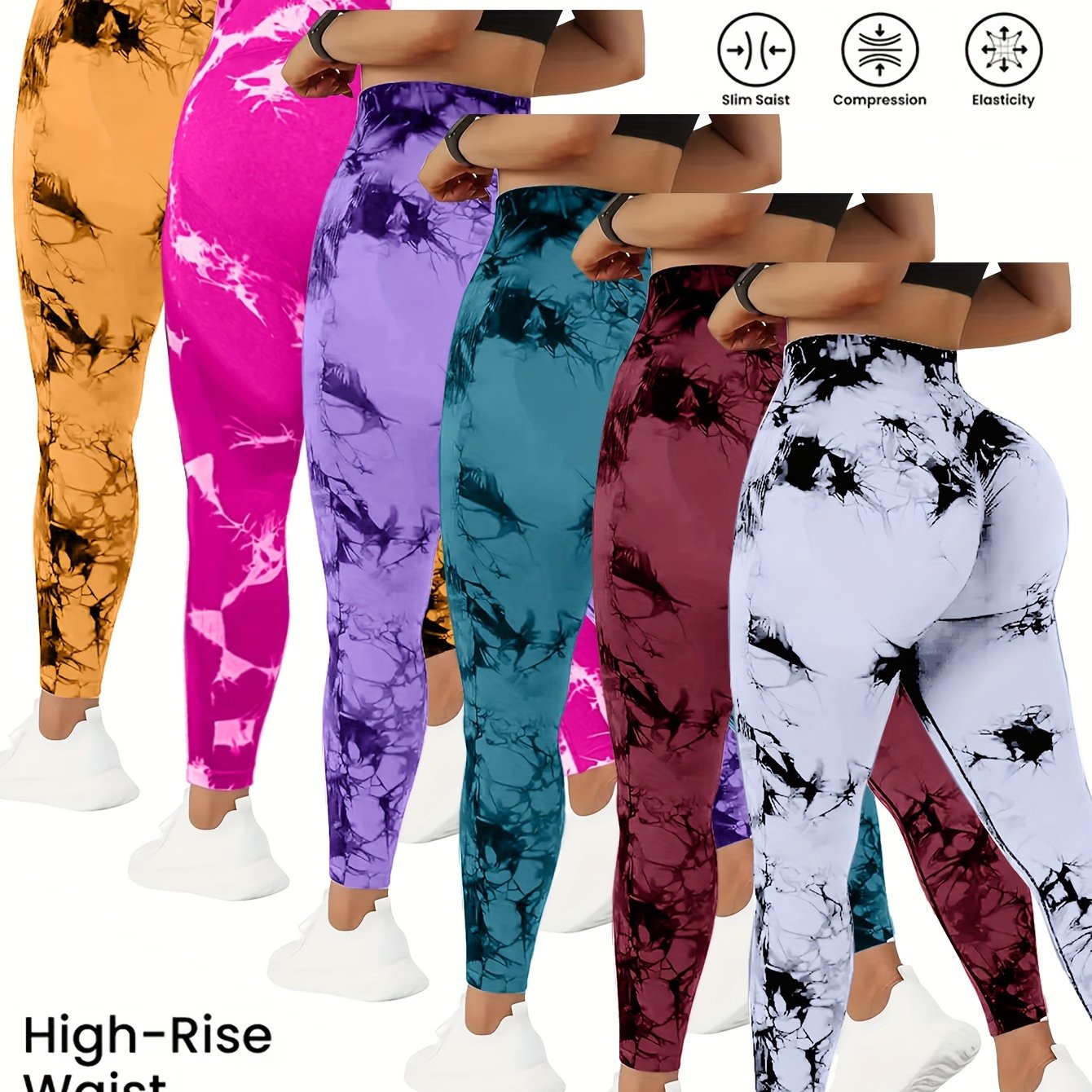 QGU 6 pcs Tie Dye Flared Yoga Leggings - Seamless Flare Leg Sports Pants - Women's Fashionable Tie Dye Slim Flared Long Pants - Made from Breathable Fabric - Suitable for Yoga, Fitness & Everyday Wear - Perfect Gift for Fashi