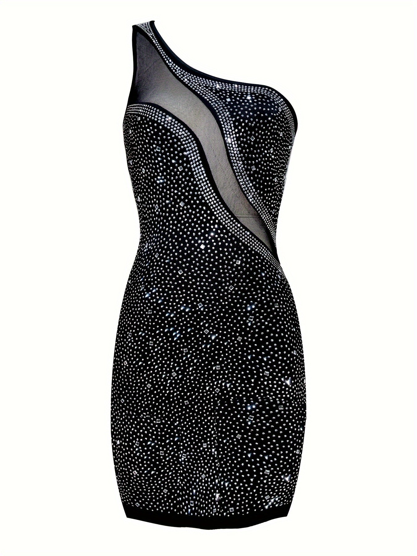 Shiny Rhinestone Sheer Mesh Panel Dress, Sexy & Charming One Shoulder Sleeveless Bodycon Dress For Party & Banquet, Women's Clothing