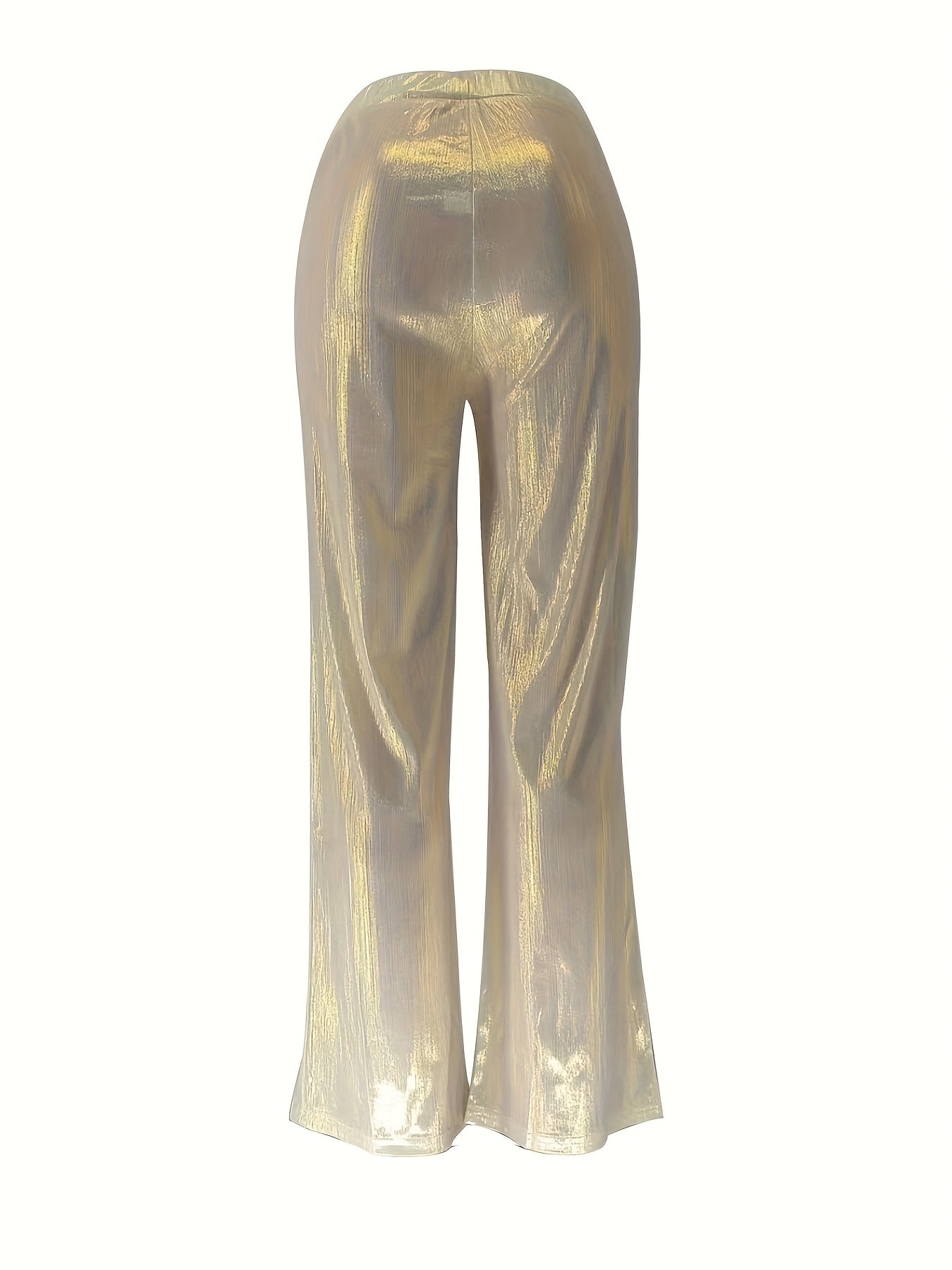 Women's Elegant Metallic Wide-Leg Pants - High-Waisted Stretchy Golden Trousers with Side Pockets, All-Season Versatile Office & Casual Wear, Formal Attire | Sophisticated Style | Smooth Texture
