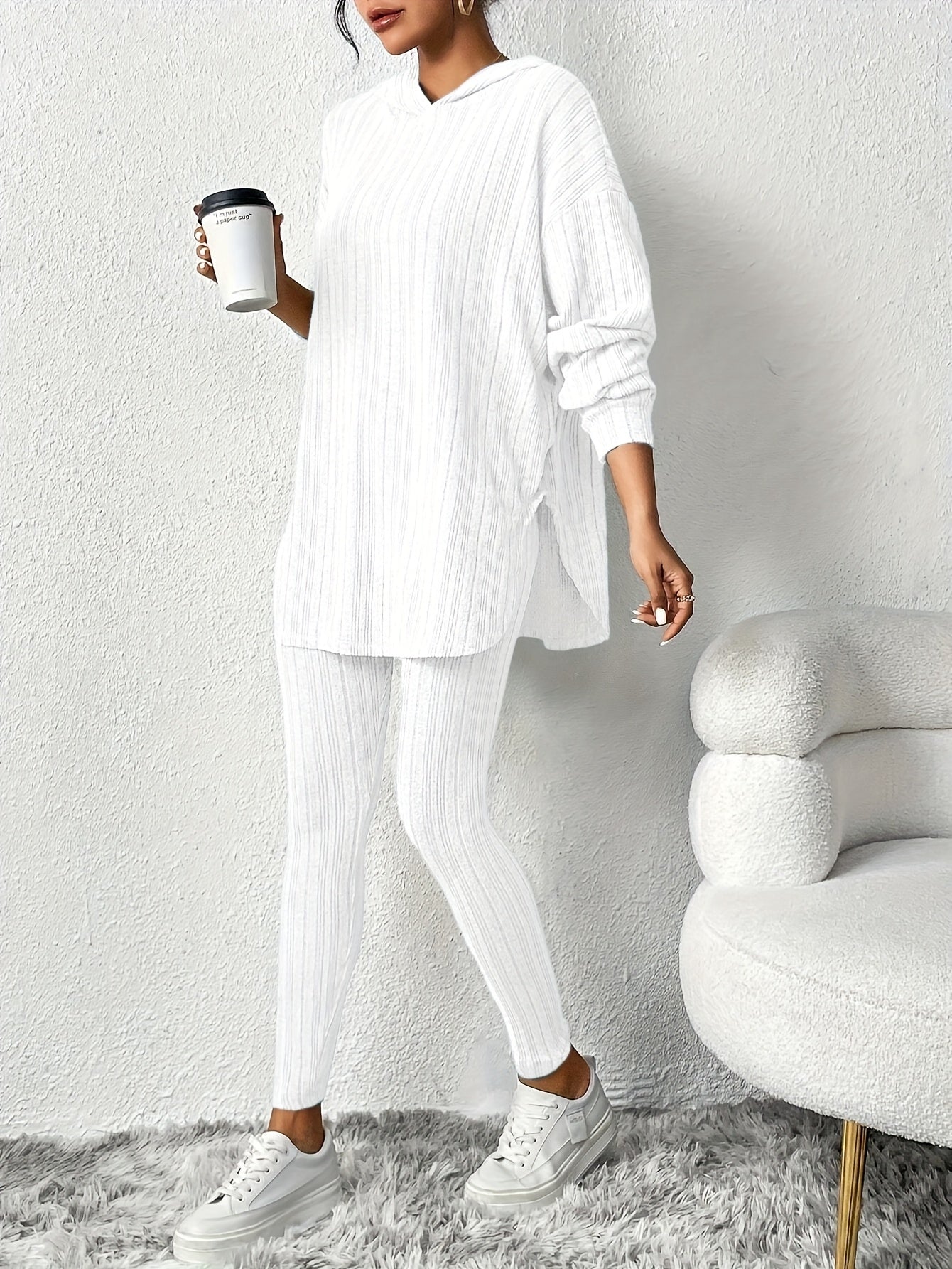 two-piece Ribbed Long Sleeve Hooded Top & Skinny Pants Set for Women, Casual Lounge Outfit