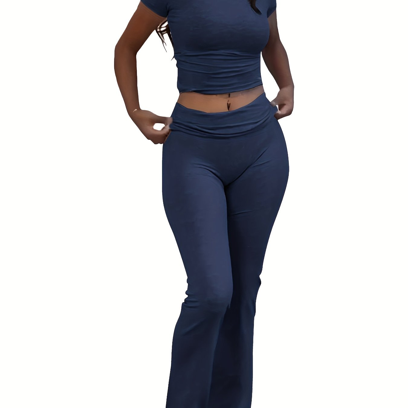 Women's Casual Slim Fit Two-Piece Pants Set – Short Sleeve Crew Neck T-Shirt & High Stretch Flared Leg Sport Pants Outfit