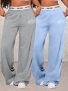 2pcs Women'S Letter BROOKLYN Print High Waist Wide Leg Loose Pocket Casual Jeans Pants