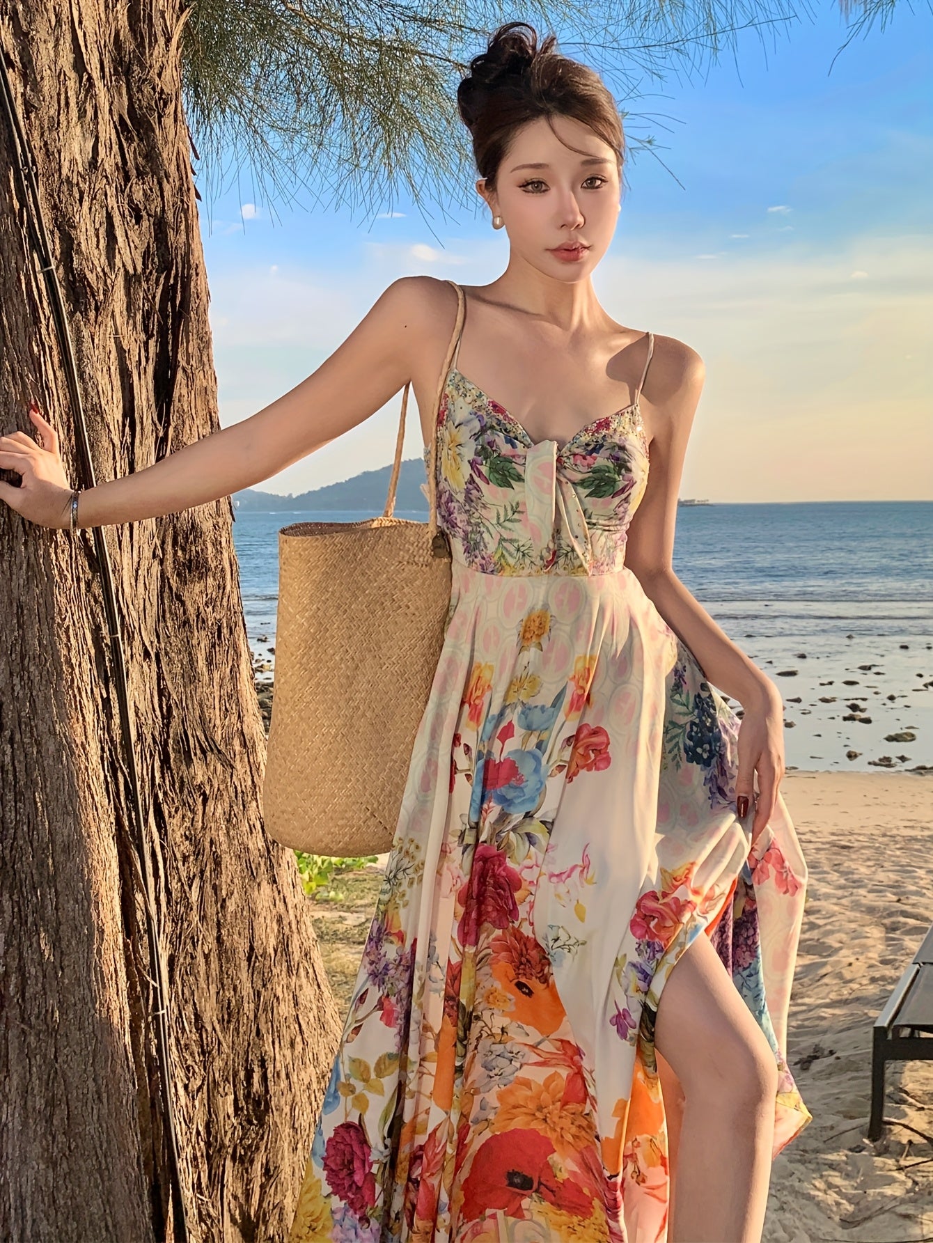 Women's Vibrant Floral Print Sleeveless Maxi Dress with Tropical V-Neck and Ruffled Hem - Perfect for Summer Vacations and Beach Outings, Vacation Attire | Fitted Waist, Beach Dress
