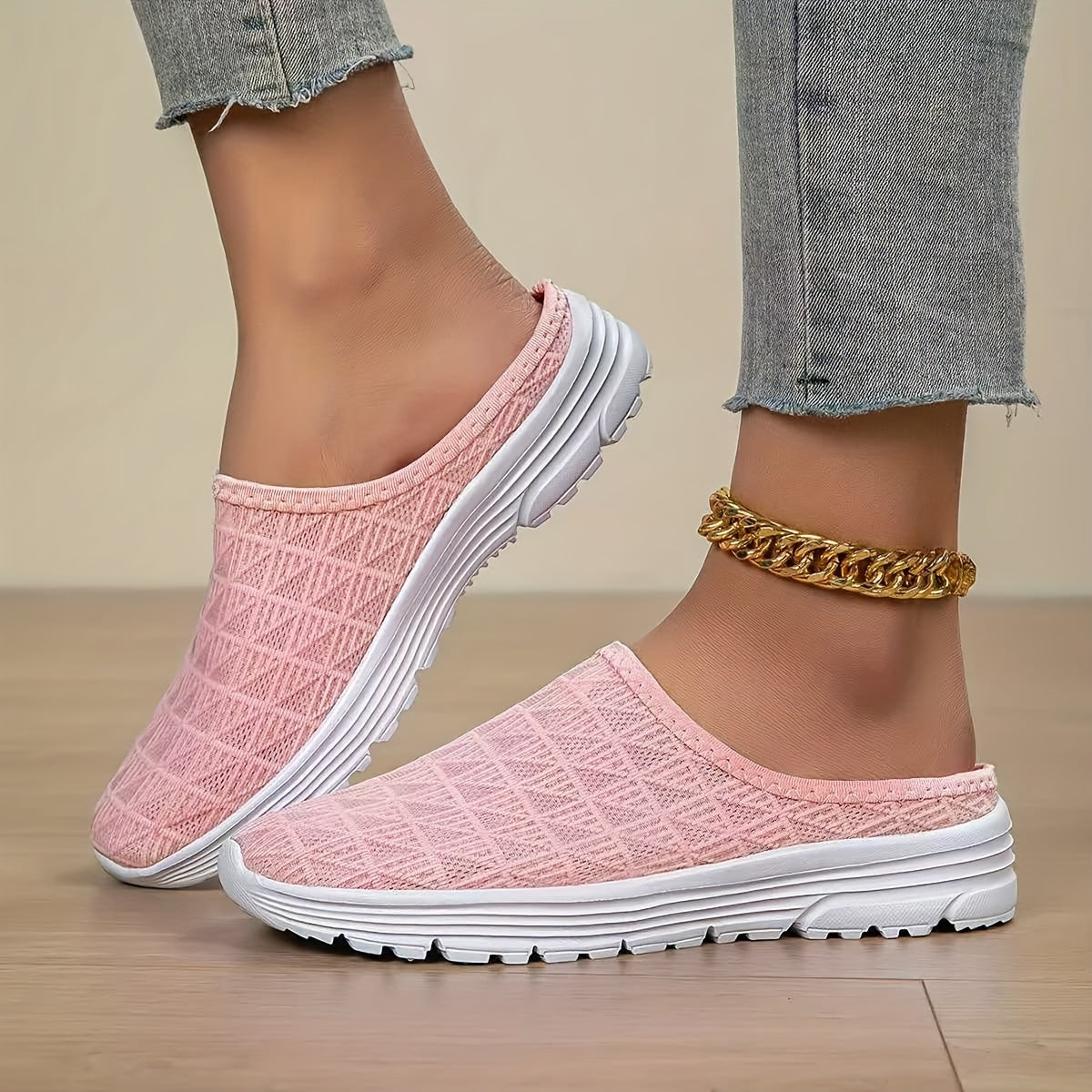 [Lightweight Slip-On Sneakers] Quanzhou Shoes Women's Lightweight Breathable Knit Slip-On Sneakers - Pink, All-Season Casual Walking Shoes with Stability Support, Fabric Upper & MD Sole, Everyday Footwear | Comfortable Wear |