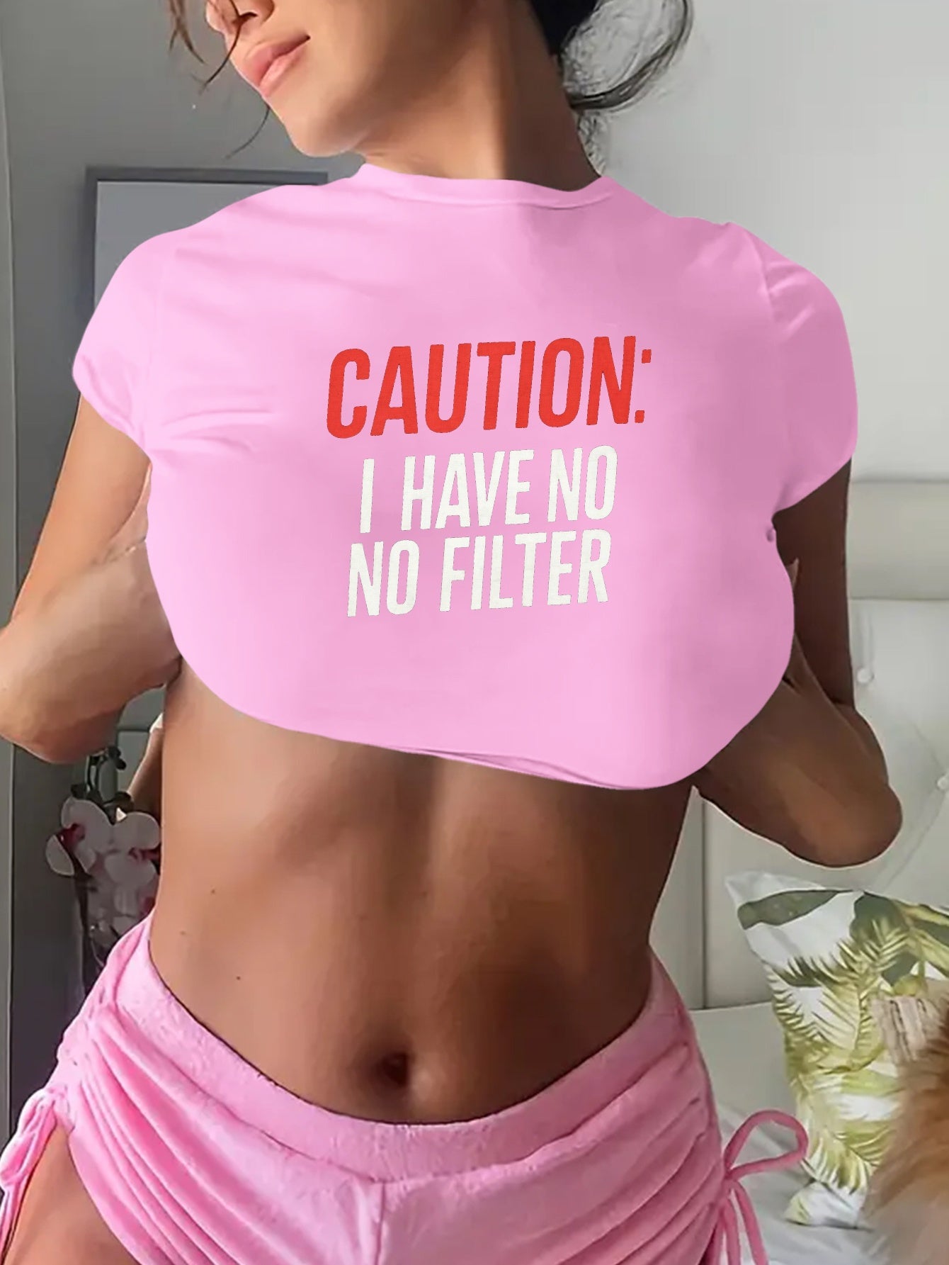 Y2K-Inspired "Caution: I Have No Filter" Graphic Crop Top T-Shirt for Women - Short Sleeve, Crew Neck, Stretchy Polyester Blend, Machine Washable, Casual & Playful Design