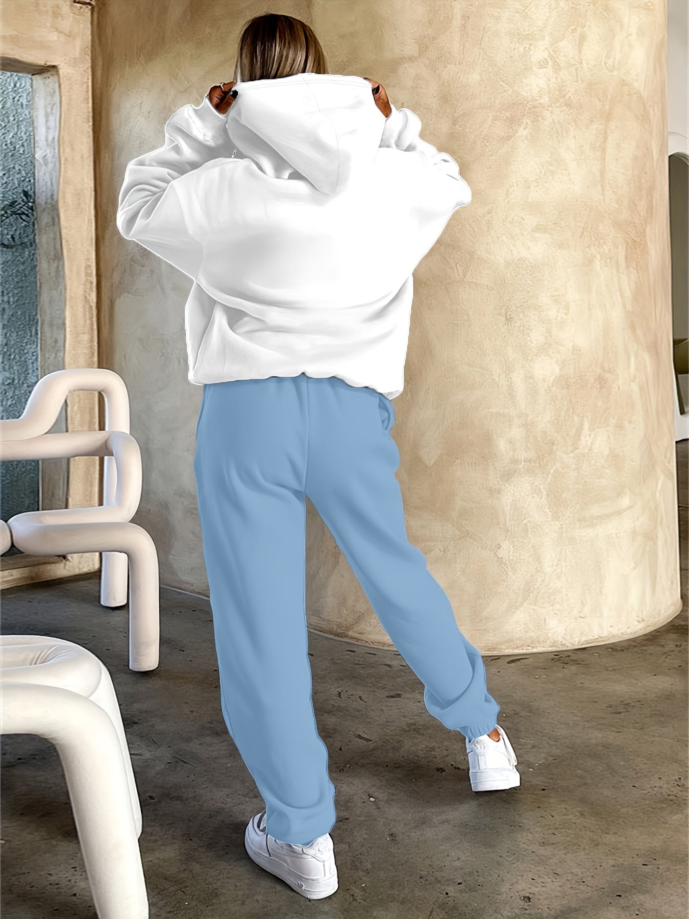 Women's Fashionable Athletic Two-Piece Set: White Hoodie with "THROAT PUNCH" Print & Blue Joggers with Drawstring - Casual, Trendy Streetwear, Polyester, Relaxed Fit Clothing|Playful Graphic Print|Glossy Fabric