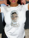 Y2K-Inspired Pearl & Woman Portrait Print T-Shirt - Casual, Short Sleeve, Round Neck, Polyester Knit Top for Spring/Summer, Casual Wear | Graphic Tee | Knit Construction