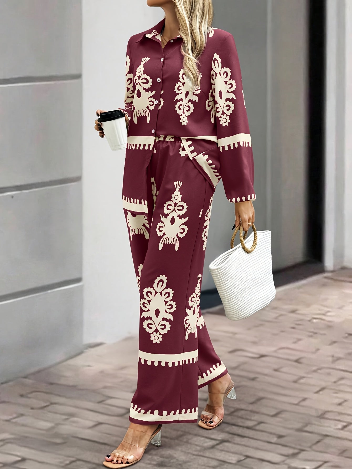 2pcs Elegant Special Set for Women with Random Print Front Button Long Sleeve Top and Pants Casual Suit