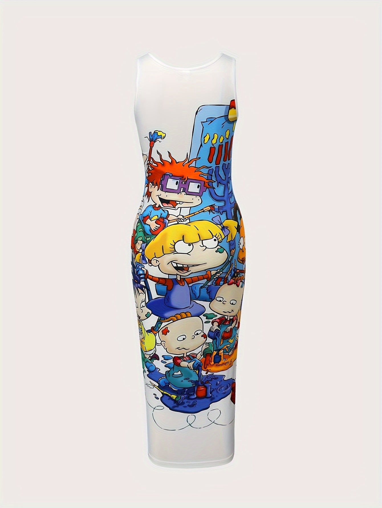 Cartoon Figure Print Slim Tank Dress, Casual Notched Neck Sleeveless Dress For Spring & Summer, Women's Clothing