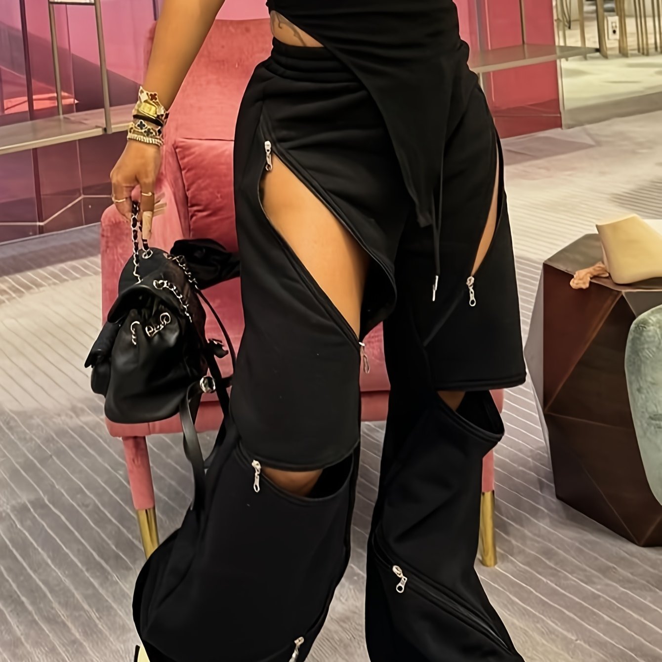 Women'S Chic European and American Fashion Flare Leg Pants with Multiple Zippers, Sexy Elastic Waistband, Loose Straight Fit - All Season Versatile Wear, Sexy Pants