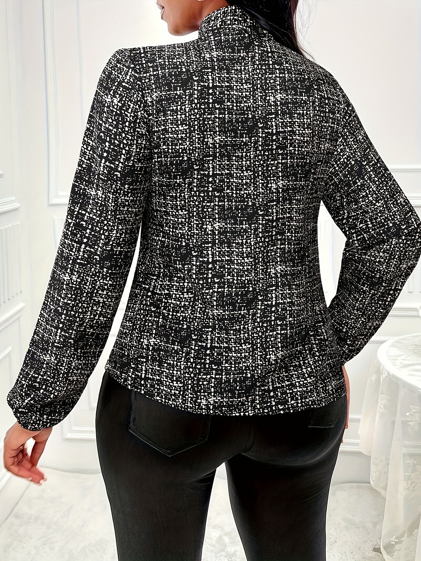 Allover Print Tie Neck Blouse, Elegant Long Sleeve Top For Spring & Fall, Women's Clothing