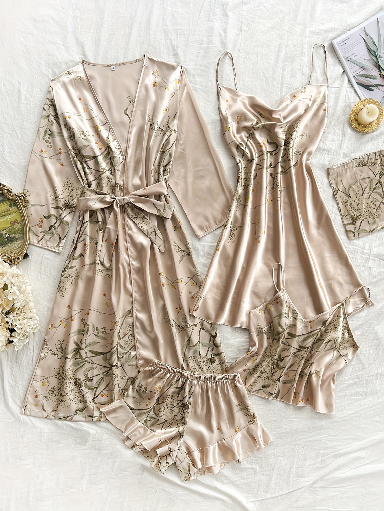 Women's Four Seasons Breathable and Comfortable Printed Nightgown and Pajama Set of 5