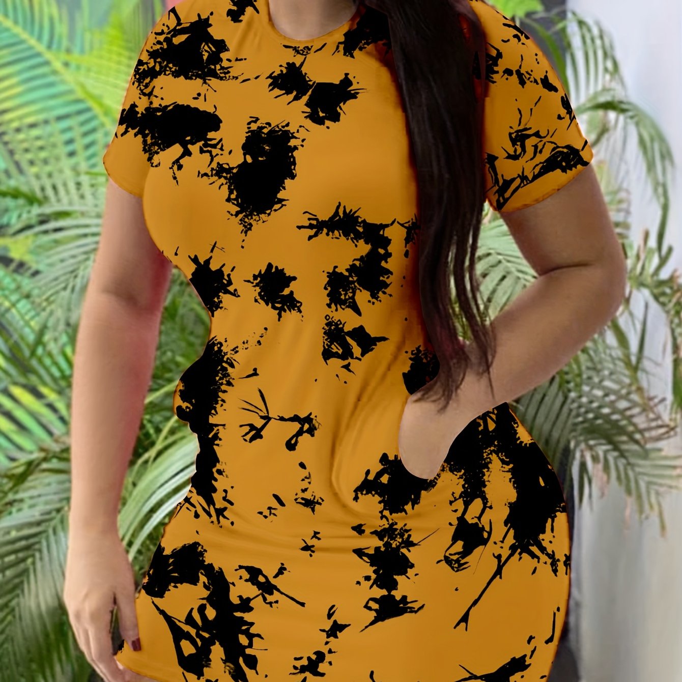 Women's Elegant Tie-Dye Print Short Sleeve Dress - Casual Round Neck Fitted Flared Skirt with Pockets, Machine Washable Pink & Black Summer Dress for Spring/Fall, Spring Fashion | Tiedye Pattern Dress | Comfortable Fabric