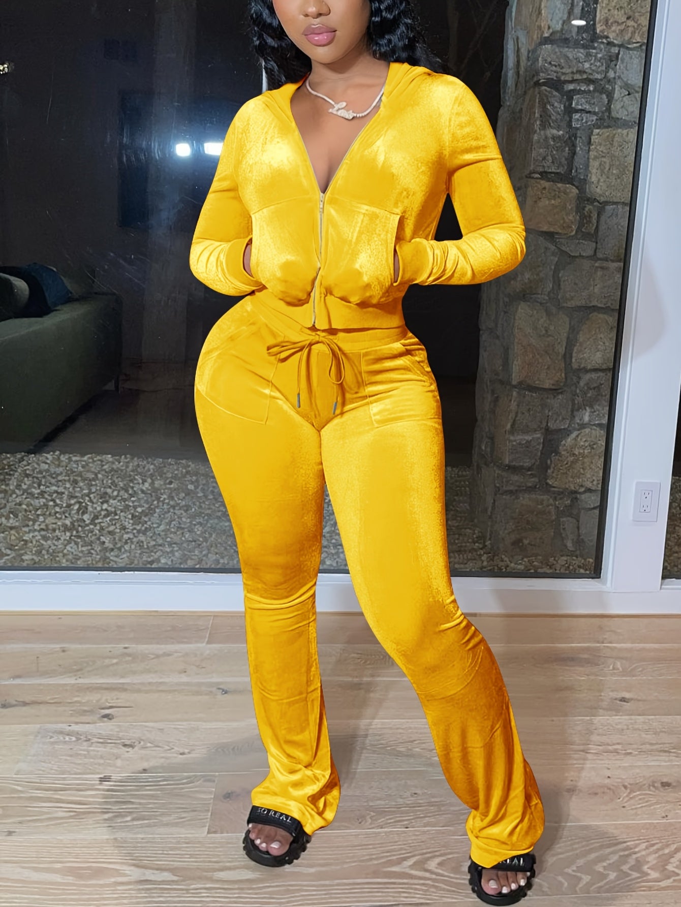 European And American Women's Fashion Casual Solid Color Velvet Hooded Two-piece Set