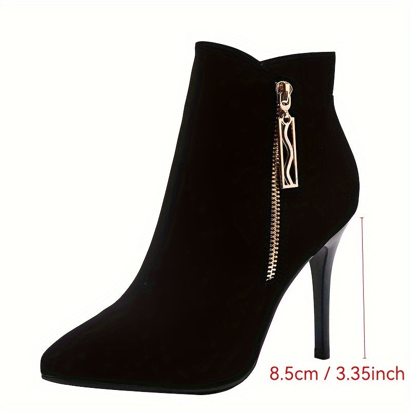 Elegant Black High-Heel Ankle Boots for Women, Pointed Toe Stiletto Dress Booties with Side Zip Closure, Comfortable Fashionable Flannel Upper for Parties, Weddings, and Everyday Wear - Fall Season