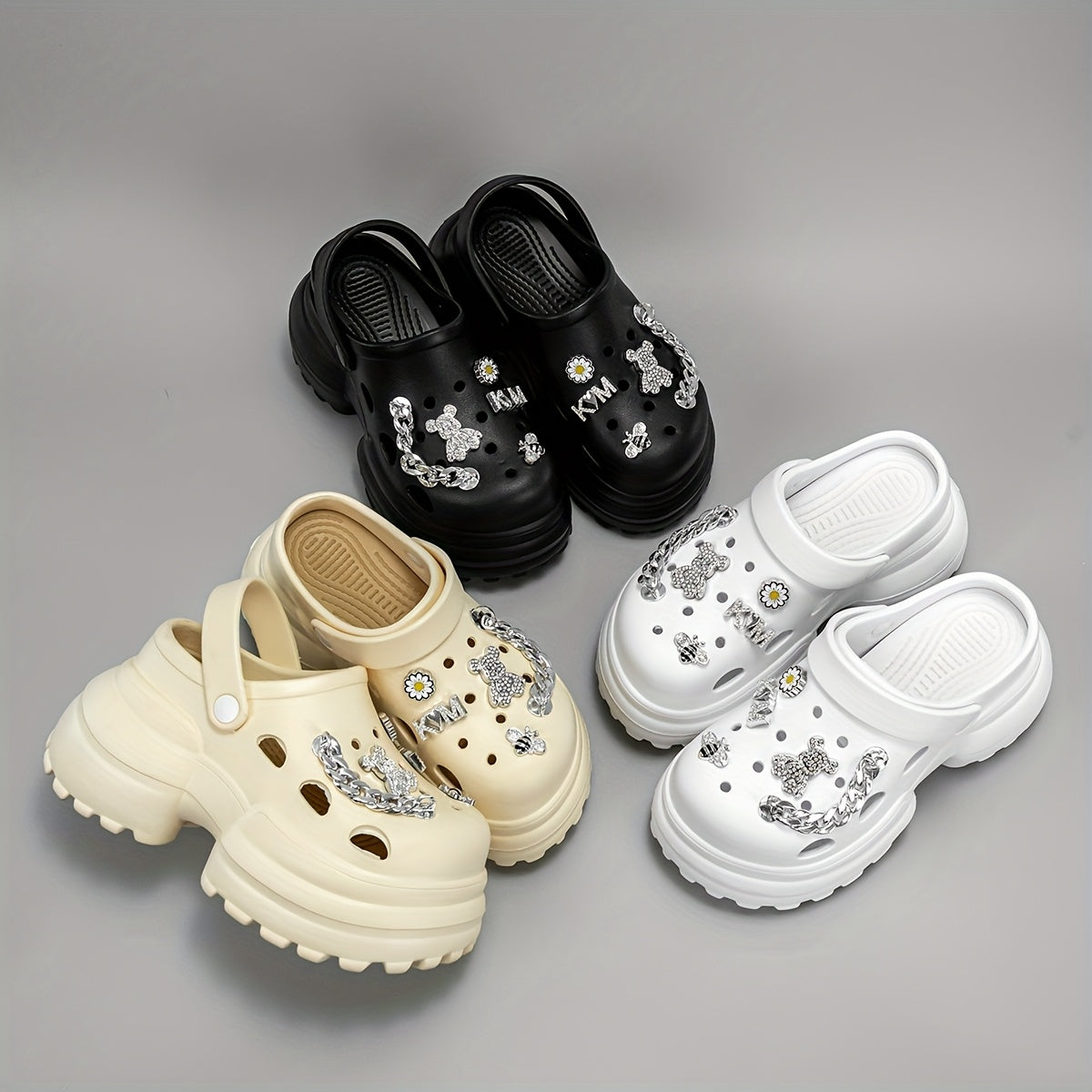 New Arrival - Stylish Cartoon Bee & Bear Print Platform Shoes, 3.94inch High Heel, Lightweight EVA Upper, Closed Toe Design, All-Season Comfort, Casual Footwear | Playful Design | Lightweight Footwear