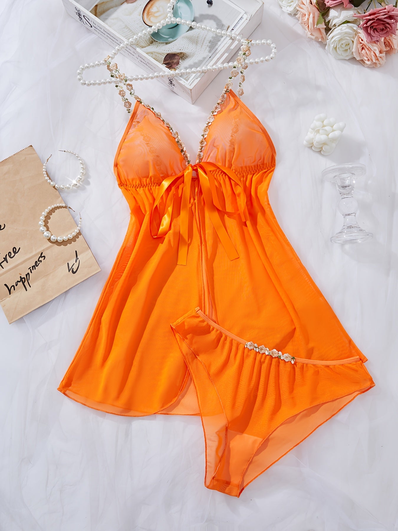 Women's Sexy Front Tie Design Sensual Half-Transparent Lace Sleepwear