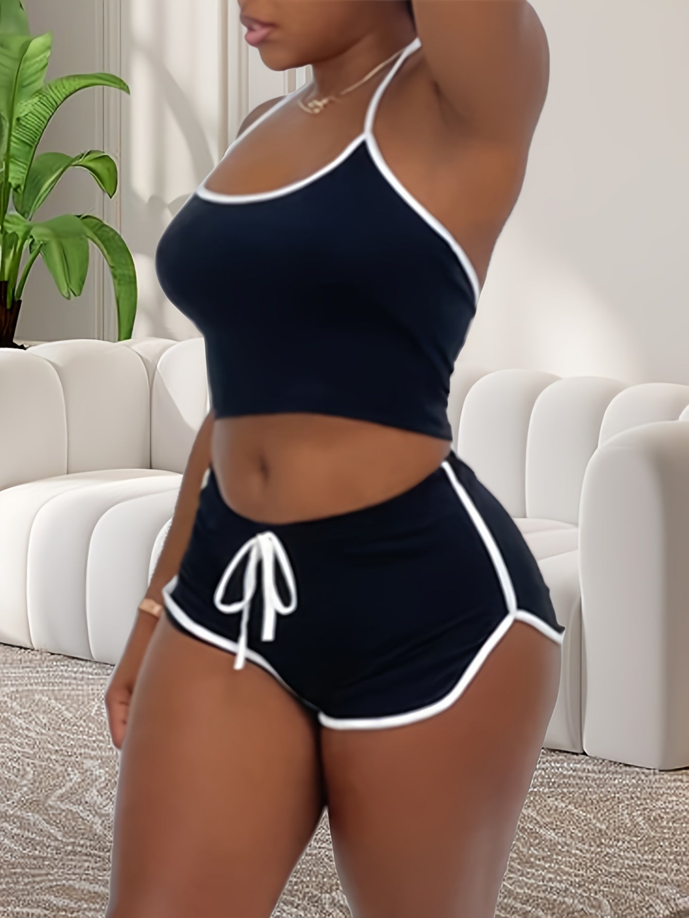 Sexy Solid Binding Lounge Set, Halter Neck Backless Crop Cami Top & Elastic Shorts - Women's Loungewear & Sleepwear - For Women - Perfect for Relaxing at Home - Ideal Gift for Her