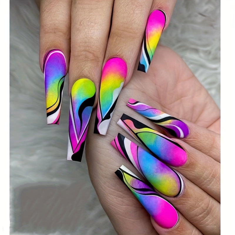 120pcs Acrylic Press On Nails Long Coffin Fake Nails with Nails Glue Long Ballet False Nails with Water Ripple Rainbow Designs Colorful Full Cover Artificial Nails Press Ons Stick On Nails 24pcs