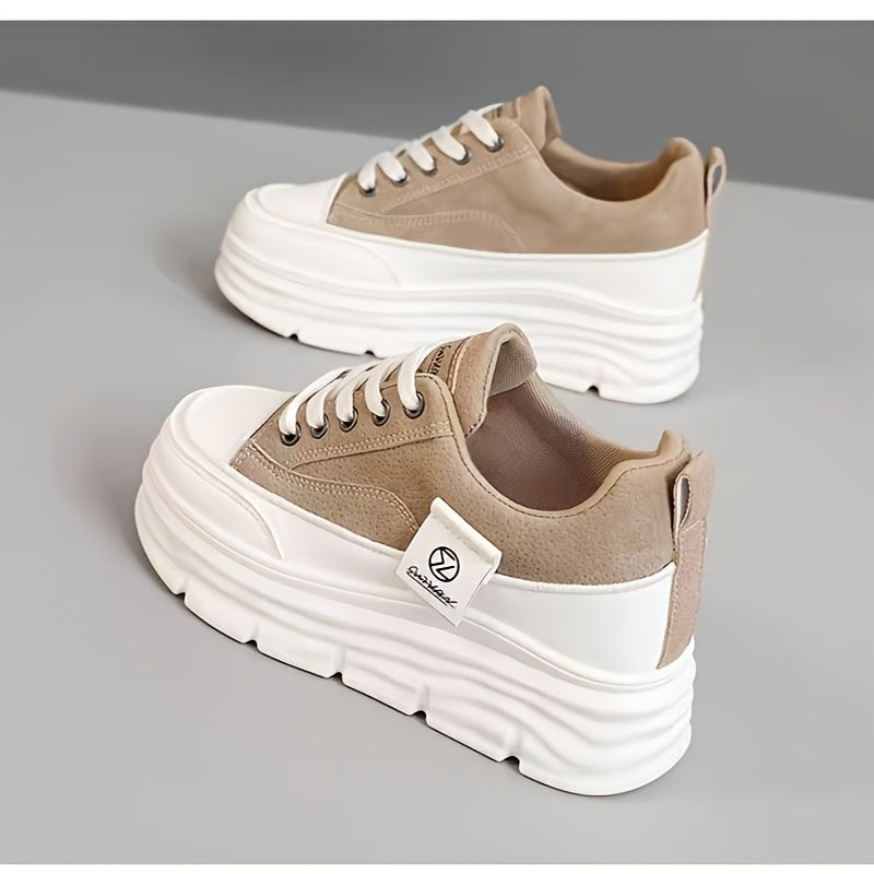 Women's Casual Low-Top Running Shoes - Versatile White & Brown Design, Lace-Up, Comfortable EVA Insole, Durable PVC Sole, Perfect for Casual Attire, Students, and Office Use, Student Sneakers | Modern Sneakers | Synthetic Cov