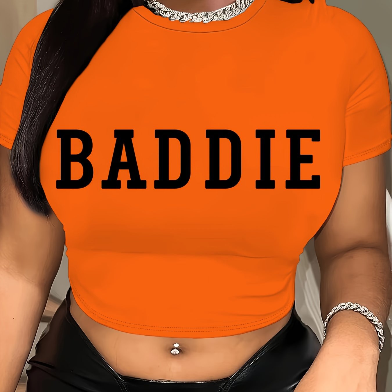 Letter Print Crew Neck Crop T-Shirt, Casual Short Sleeve T-Shirt For Spring & Summer, Women's Clothing