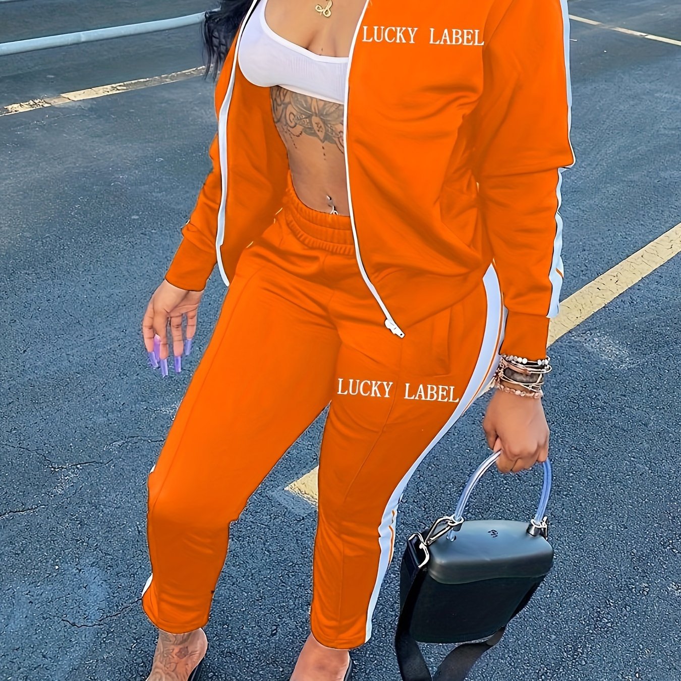 Women's Letter Pattern Striped Two-piece Set, Zip Up Long Sleeve Tops & Elastic Waist Pants Outfits - Casual Style - For Women - Perfect for Daily Wear, Parties & Going Out