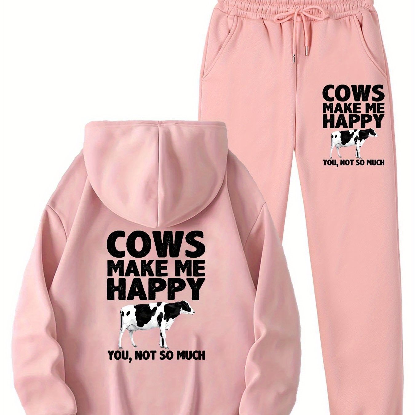 1set Women'S Casual Sportswear with Cow Print, Polyester 100% Long Sleeve Hoodie and Joggers Set, Crew Neck, All-Season Knit Fabric with Pockets