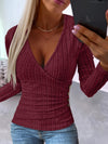 Stylish Maroon Long Sleeve V-Neck Ribbed Knit Top – Slim Fit Crisscross Blouse for Casual Streetwear & Club Nights