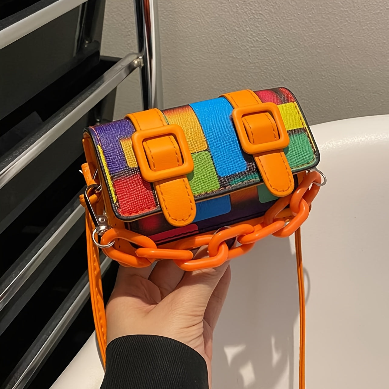 Color Block Mini Acrylic Chain Crossbody Bag - Vibrant Rainbow Pattern, Adjustable Strap, Magnetic Closure, Black Faux Leather, Stylish Accessory|Chain Strap Bag|Magnetic Closure Bag