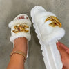 Womens Cozy Woolen Open Toe Slippers - Ultra-Soft Plush Lining, Thick and Warm Flat Sole, Elegant Golden Chain Accent - Perfect for Autumn and Winter Home Lounging
