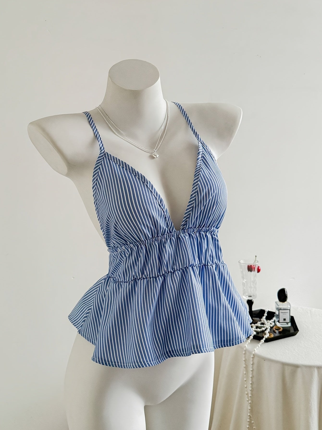 Elegant Blue & White Striped Halter Neck Dress - Casual Summer Fashion for Women, Sleeveless with V-Neckline, Stylish Accessory, Casual Attire|Striped Pattern|Elegant Neckline