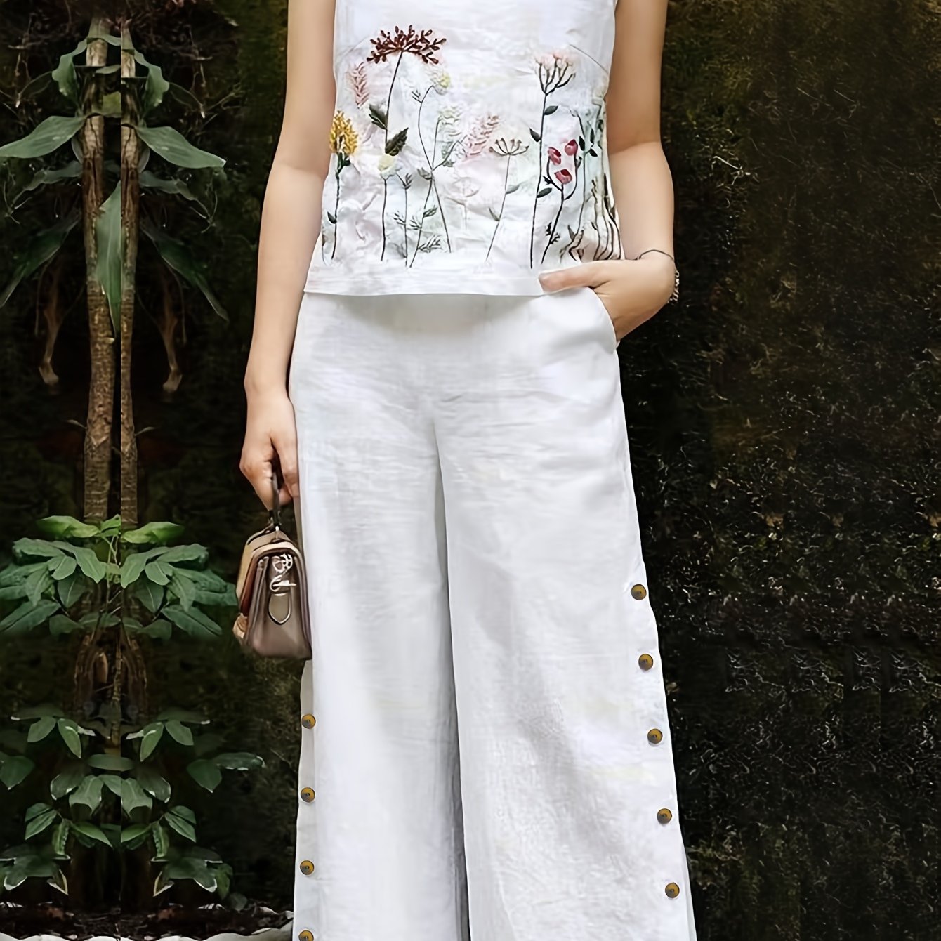 Women'S Elegant Summer Embroidered Jumpsuit - Vibrant Orange, Sleeveless with Floral & Butterfly Design, Wide-Leg Pants, Casual Attire for Spring/Summer, Casual Attire|Butterfly Embroidery|Elegant Jumpsuit
