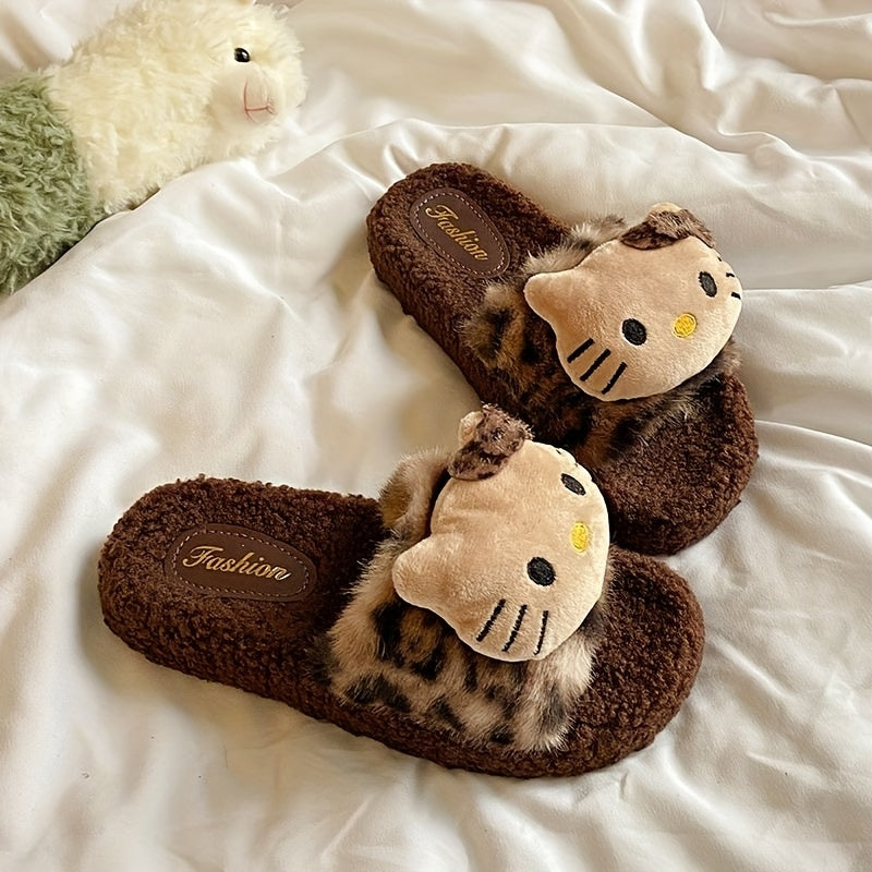 Sanrio Cute Leopard Print Hello Kitty Slippers For Women Autumn And Winter Home Indoor Non-slip Cute Thick Sole New Style Outdoor Wear High Value Warm Fur Leopard Print Slippers