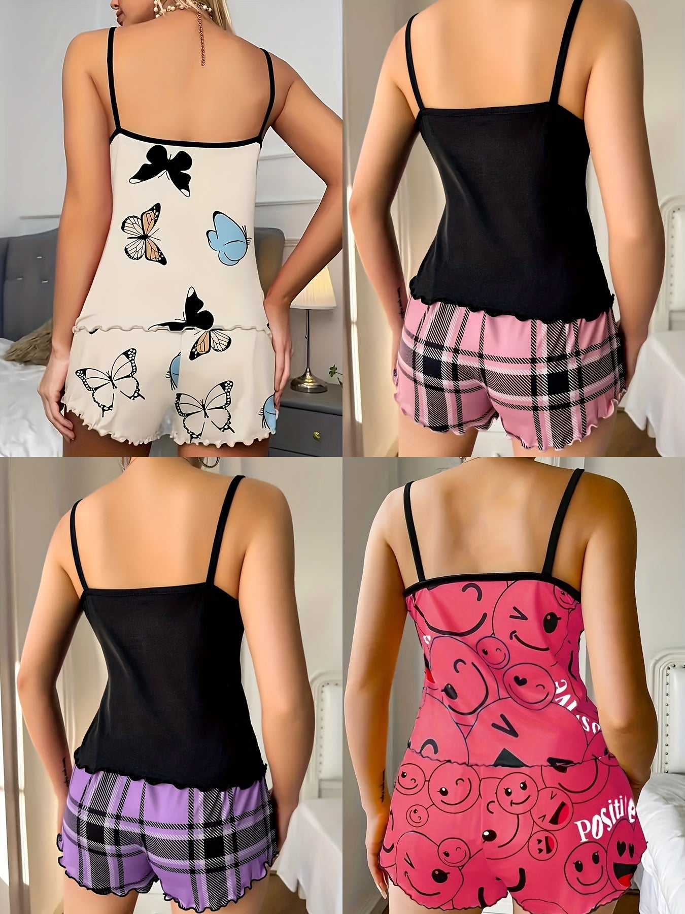 4 Sets Women's Heart & Butterfly & Smiling Face Print Frill Trim Casual Pajama Set, Round Neck Backless Cami Top & Shorts, Comfortable Relaxed Fit