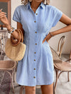 Elegant Striped Short Sleeve A-Line Shirt Dress for Women, High Waist Button-Up Casual Summer Office Dress in Light Pastel, Comfortable Polyester Fabric, French Style, Solid Color, Women's Shirt Dress, Casual Shirt Dress, Hig