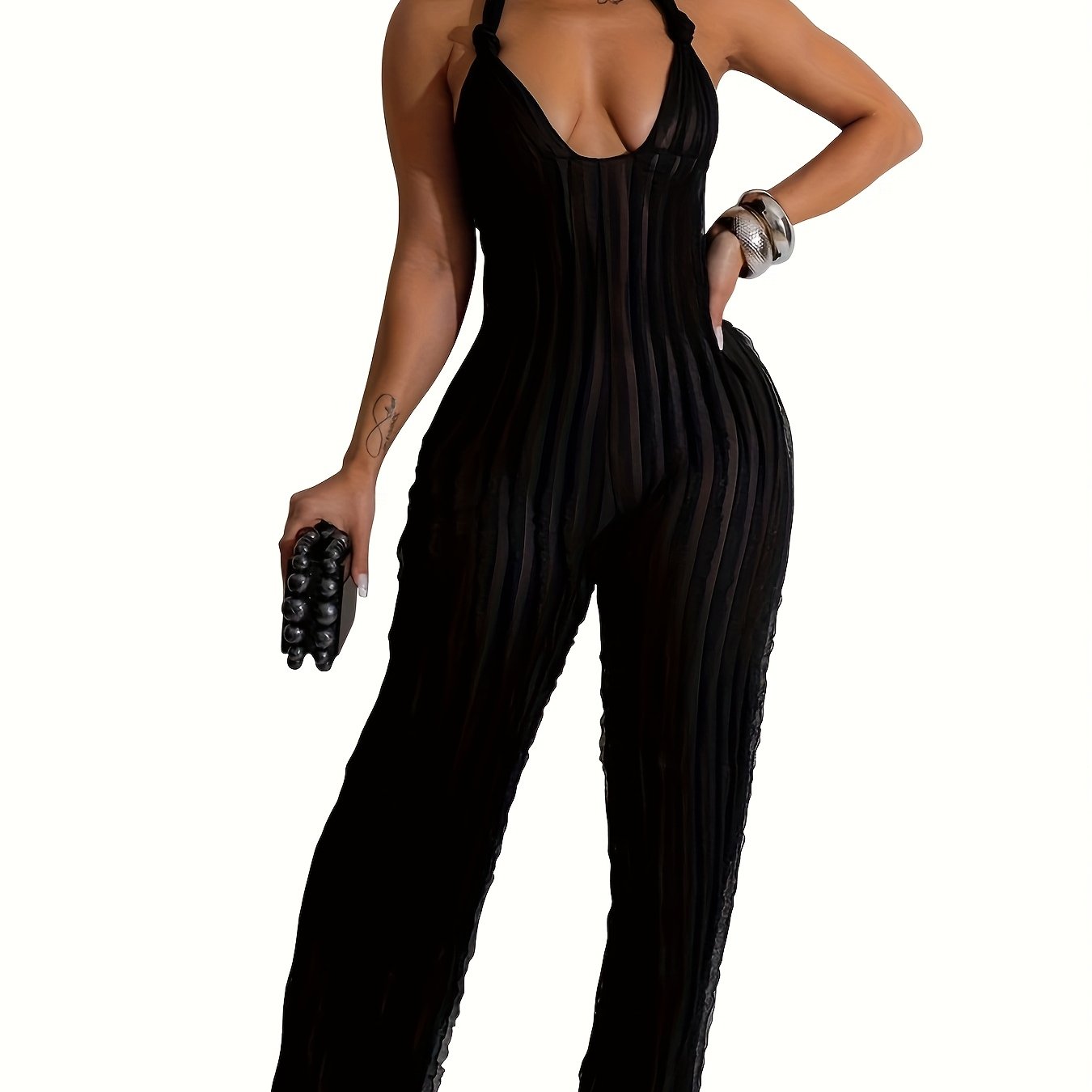 Royal Blue Halter Neck Jumpsuit for Women - Sexy Backless Pleated Wide Leg Romper, Boho Style, Deep V-Neck, Sleeveless, Machine Washable, Ladies Rompers And Jumpsuits
