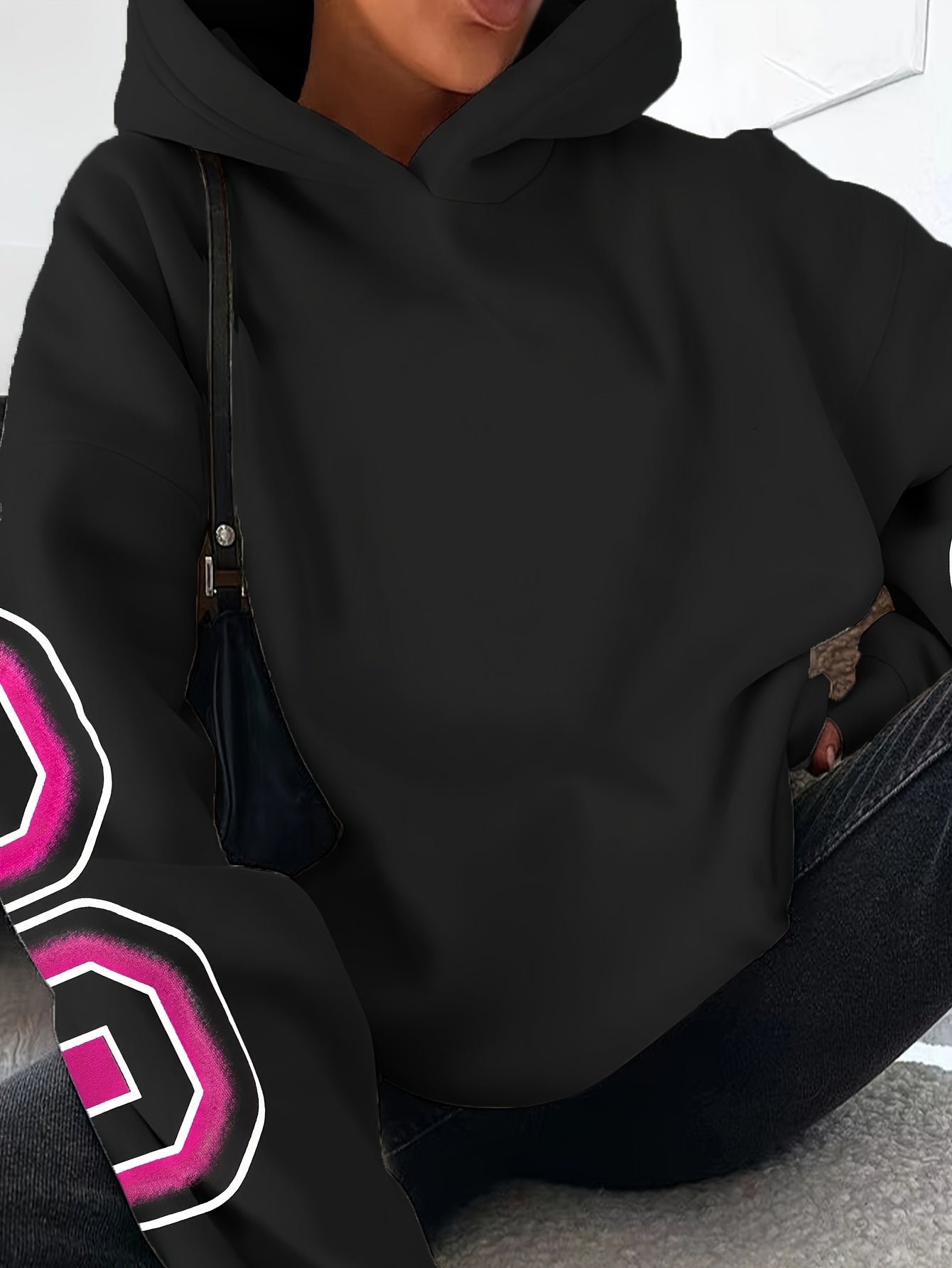 Spechir Chic Black Hoodie with Pink & White NYC Letter Design - Casual Polyester Blend, Long Sleeve, Machine Washable - Stylish Women's Fashion for Spring/Fall, Urban Fashion|Youthful Style|Knit Construction, Oversized Hoodie