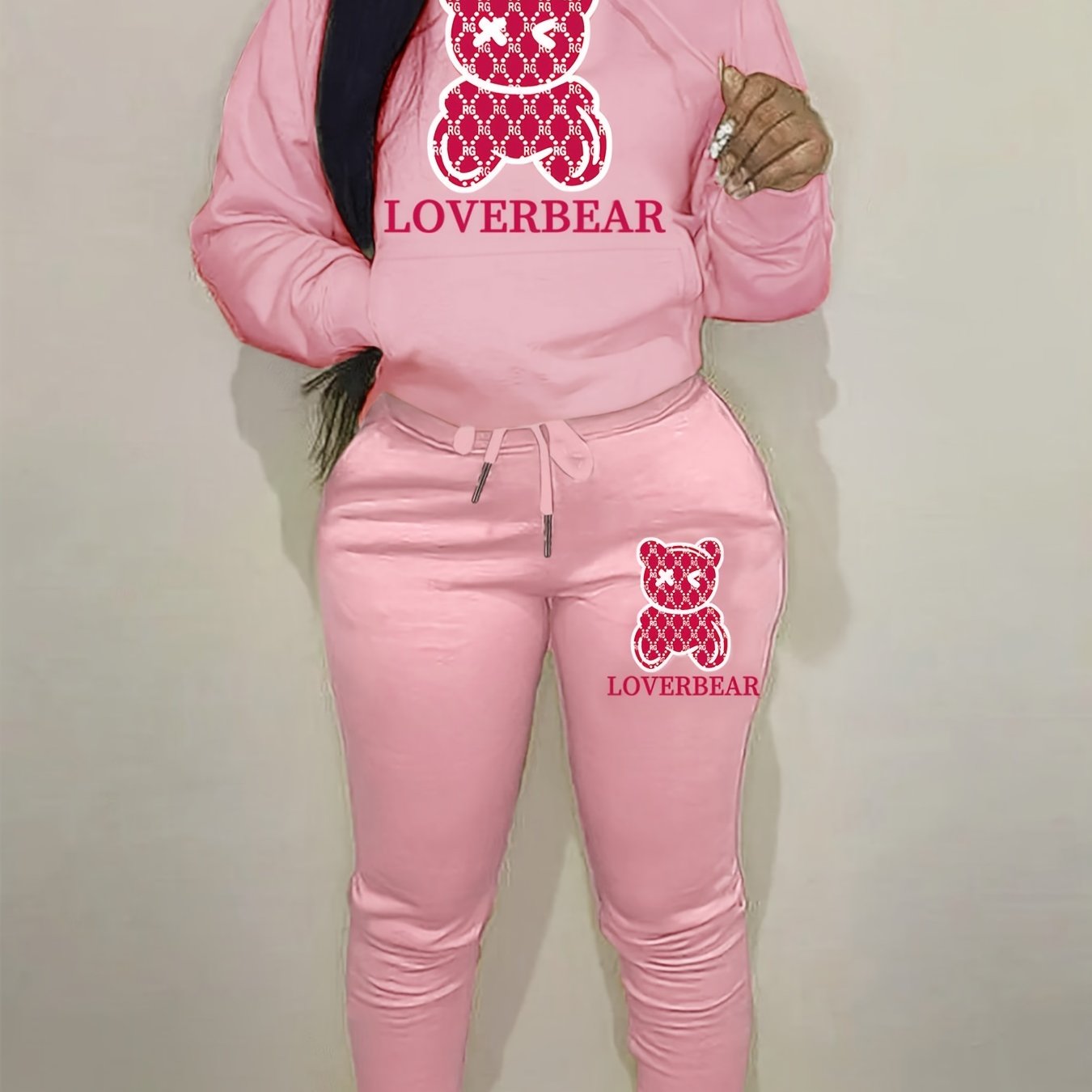 Cartoon Bear Print Two-piece Set, Drawstring Long Sleeve Hoodies & Workout Jogger Pants Outfits, Women's Clothing