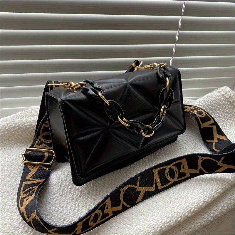Women's Fashion Chain Shoulder Bag - Quilted Rhombus Crossbody Purse, Faux Leather, Casual Style, Versatile for Daily Commute, Parties, and Outings, Magnetic & Button Closure, Polyester Lining, Adjustable & Replaceable Strap,